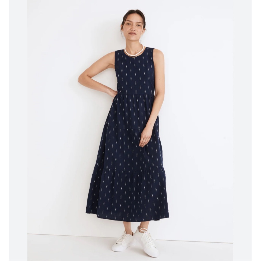 Madewell Cattail Tiered Midi Dress in Navy Printed Cotton, size S